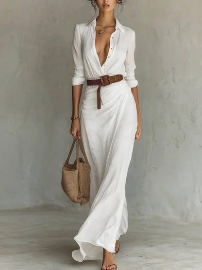 Women's Lapel Wrap Maxi Dress – Belted Waist, Long Sleeve, Elegant Style
