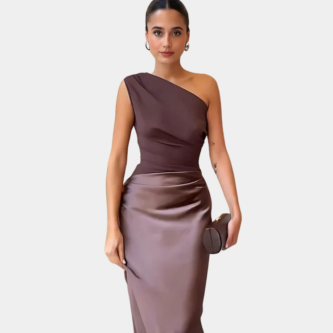Women's One-Shoulder Satin Maxi Dress – Ruched Bodice, Elegant Formal Style