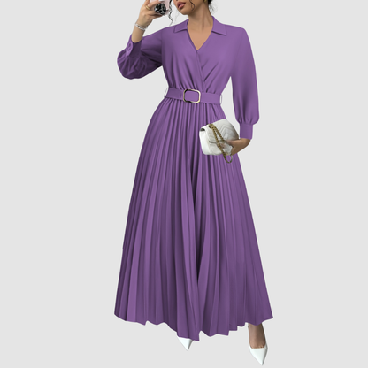 Women's V-Neck Pleated Maxi Dress – Belted Waist, Long Sleeve, Elegant Style