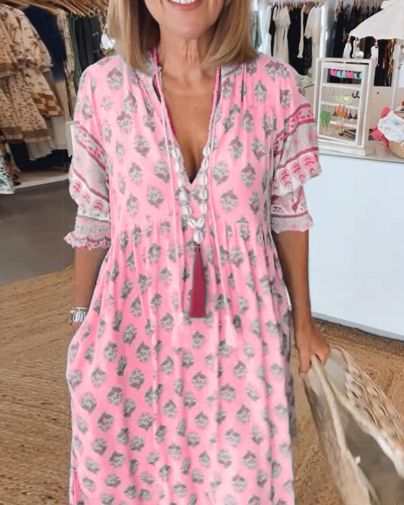 Women Printed V Neck Midi Dress
