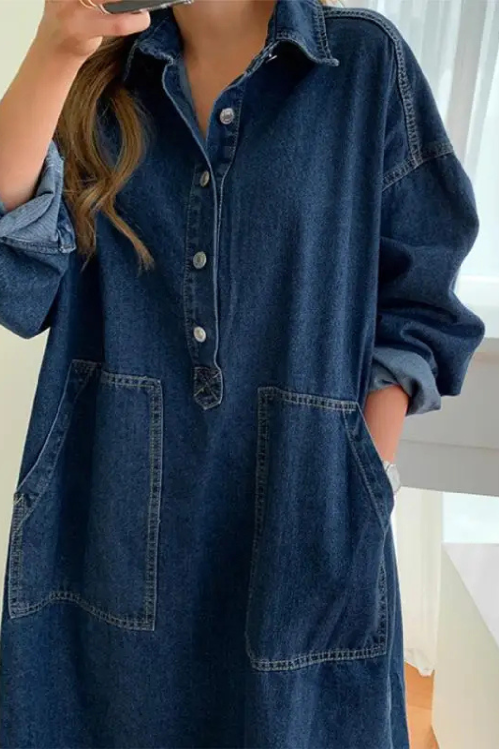 Women Oversized Long Sleeve Collared Denim Maxi Dress with Pockets