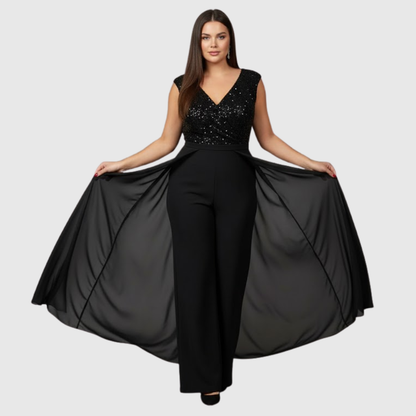 Women's Sleeveless Jumpsuit Dress – Wide Leg, Chiffon Overlay, Formal Style