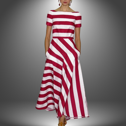 Women's Striped A-Line Dress – Boat Neck, Short Sleeve, Casual Elegant Style