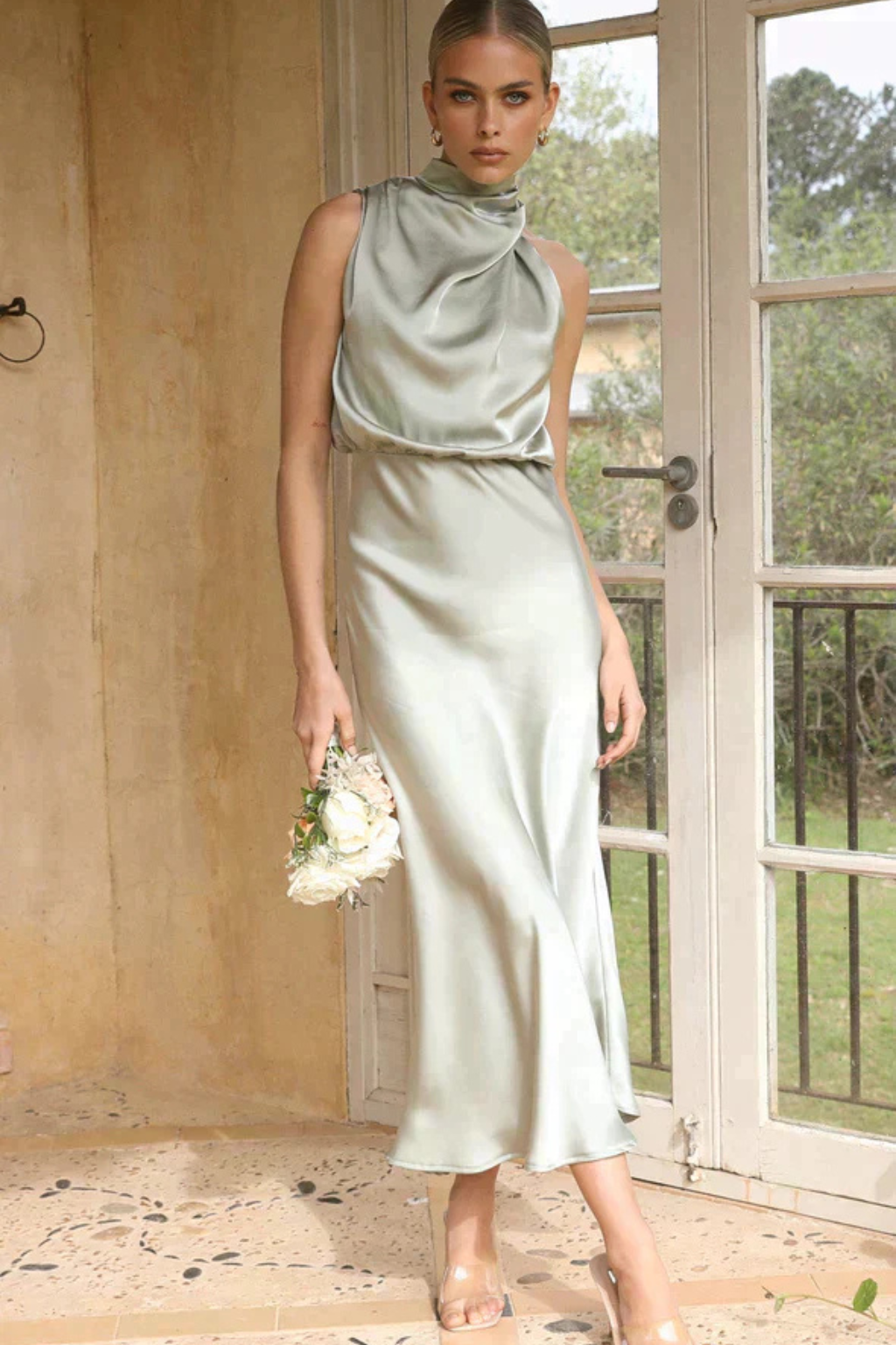 Women Halter Neck Midi Dress Satin Wedding Guest Dress