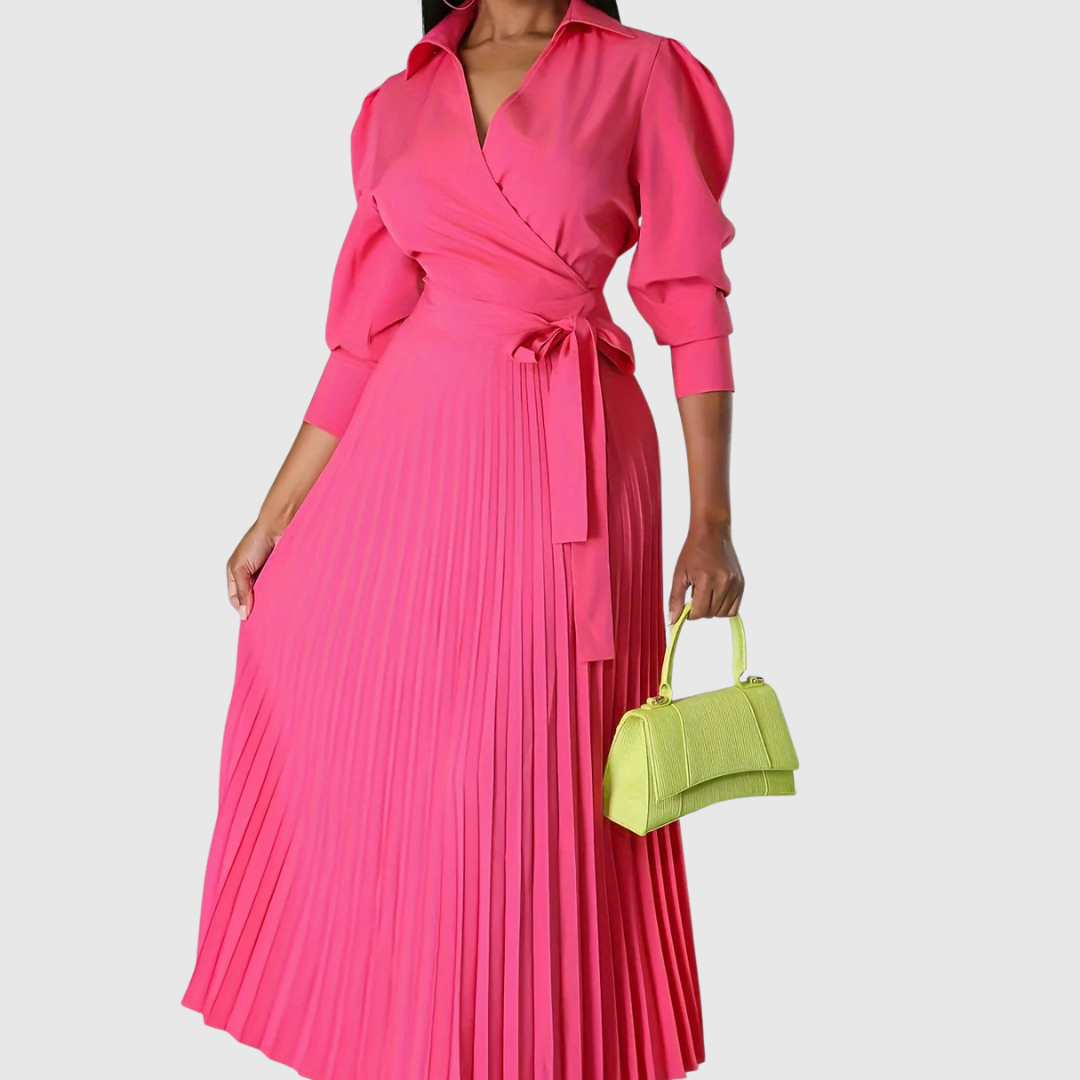 Women's Wrap Pleated Midi Dress – V-Neck, Tie Belt, Three-Quarter Sleeve