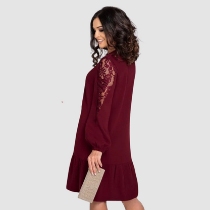 Women's Floral Lace Sleeve Midi Dress – Shift Style, Sheer Panel, Elegant