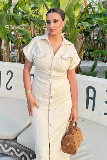 Women Short Sleeve Button Through Fitted Denim Midi Shirt Dress