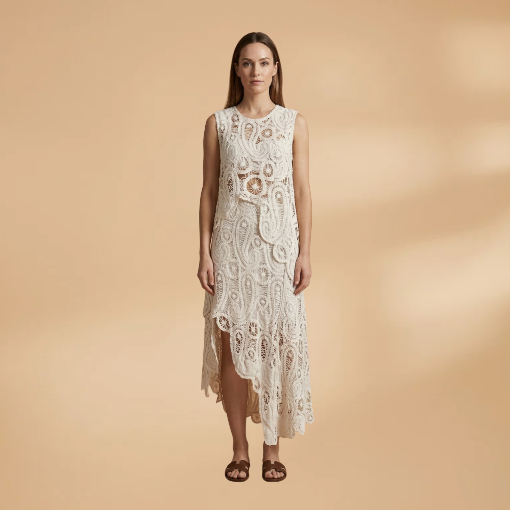 Women's Crochet Sleeveless Tank and Skirt Set with Side Slits and Boat Neck