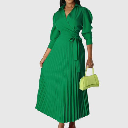 Women's Wrap Pleated Midi Dress – V-Neck, Tie Belt, Three-Quarter Sleeve