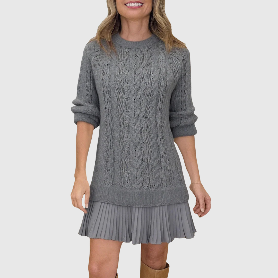 Women's Cable Knit Sweater Dress – Pleated Hem, Long Sleeve, Cosy Winter Style