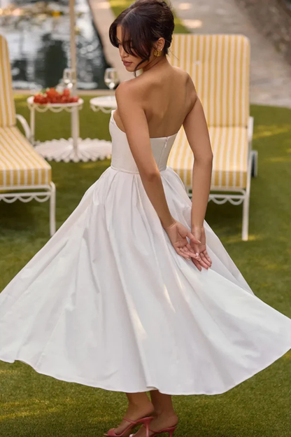 Women Strapless Corset Midi Dress with Flared Skirt