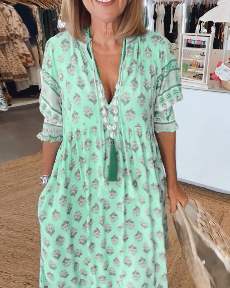 Women Printed V Neck Midi Dress