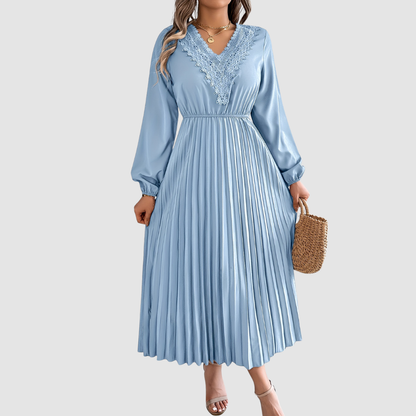 Women's Lace V-Neck A-Line Dress – Long Sleeve, Pleated, Autumn Winter Style