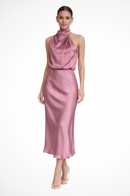 Women Halter Neck Midi Dress Satin Wedding Guest Dress