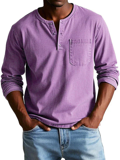 Men's Long Sleeve Shirt - Henley Neck and Chest Pocket