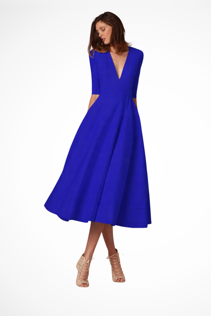 Women Deep V Neck Half Sleeve Fitted Flared Midi Dress