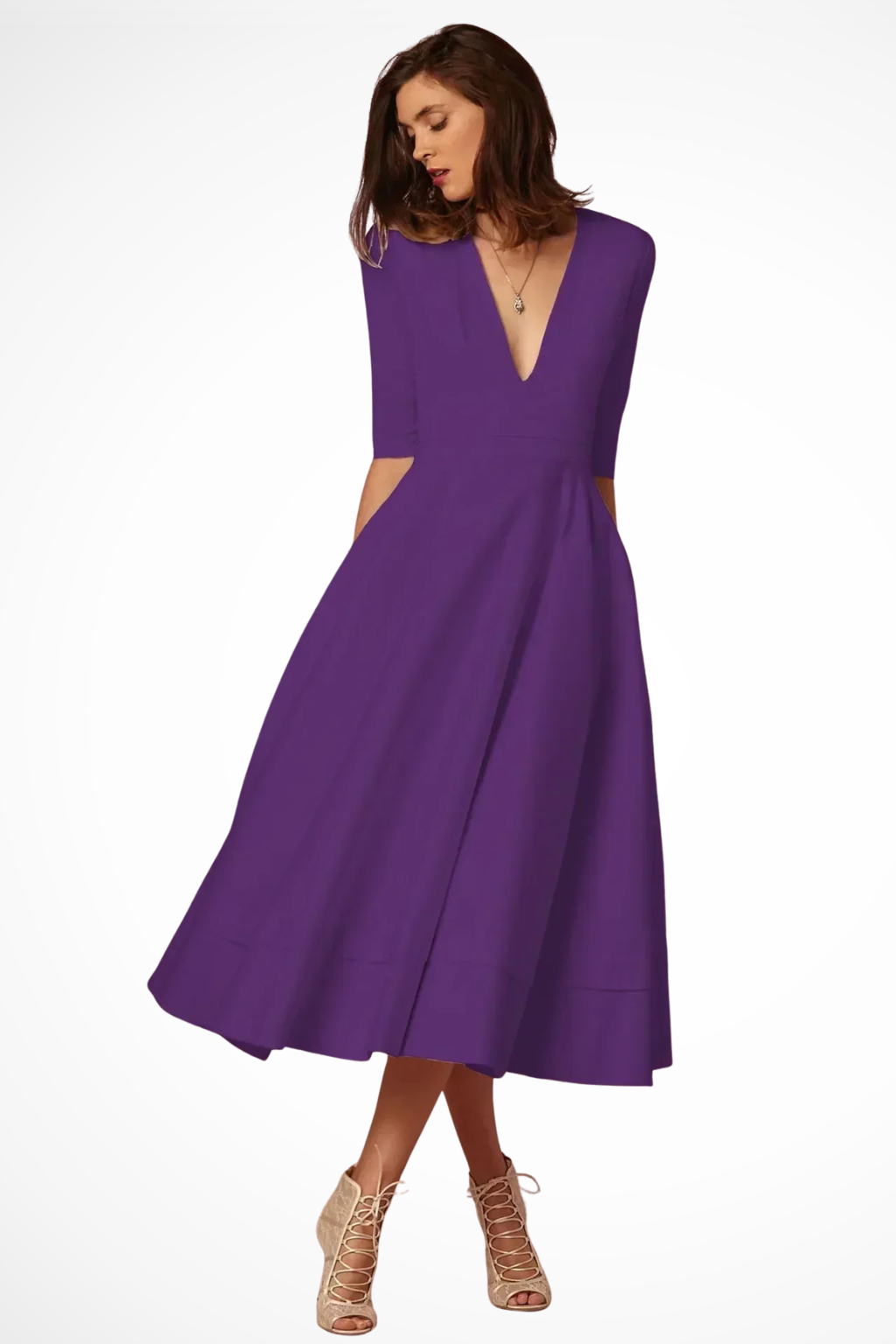 Women Deep V Neck Half Sleeve Fitted Flared Midi Dress