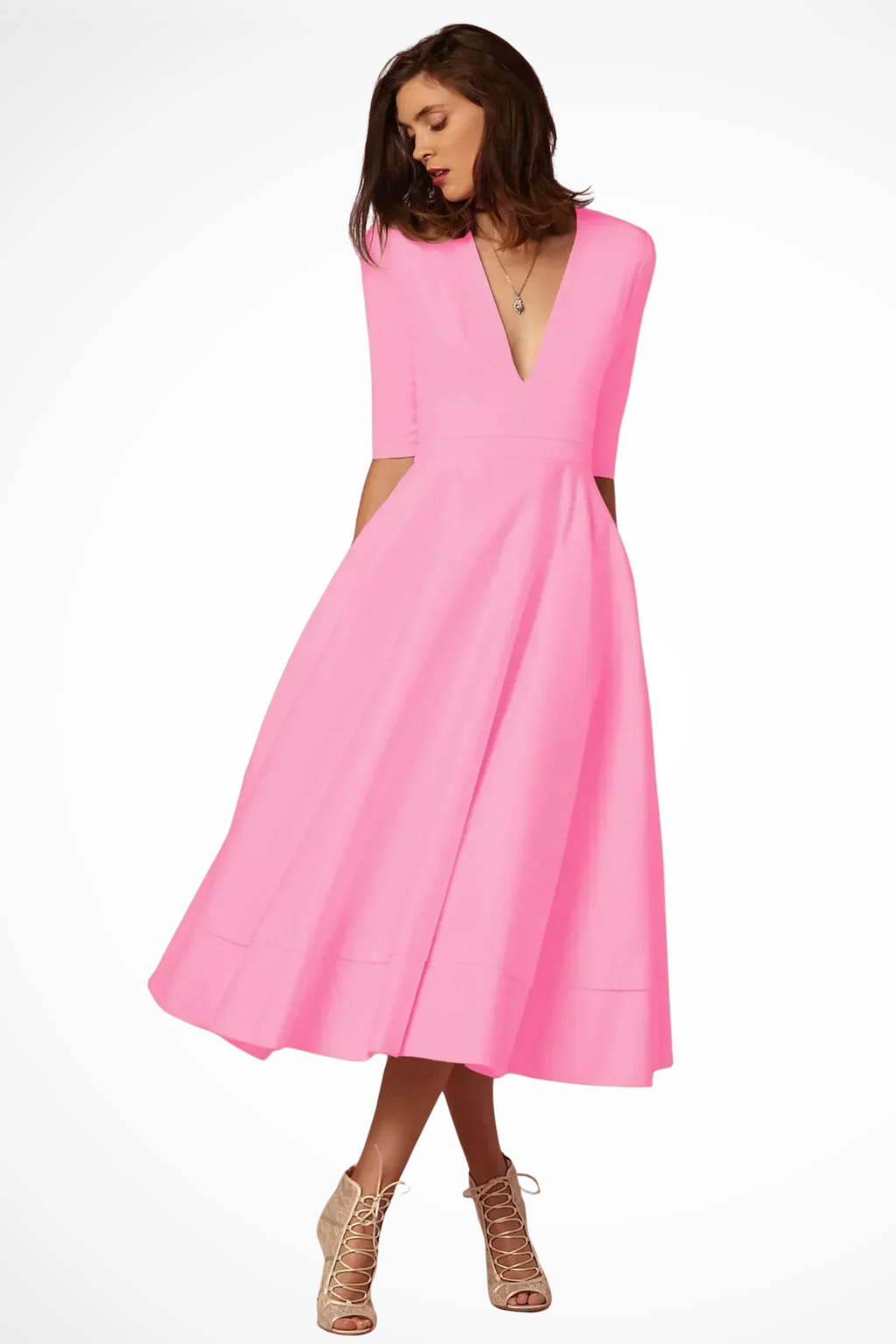 Women Deep V Neck Half Sleeve Fitted Flared Midi Dress