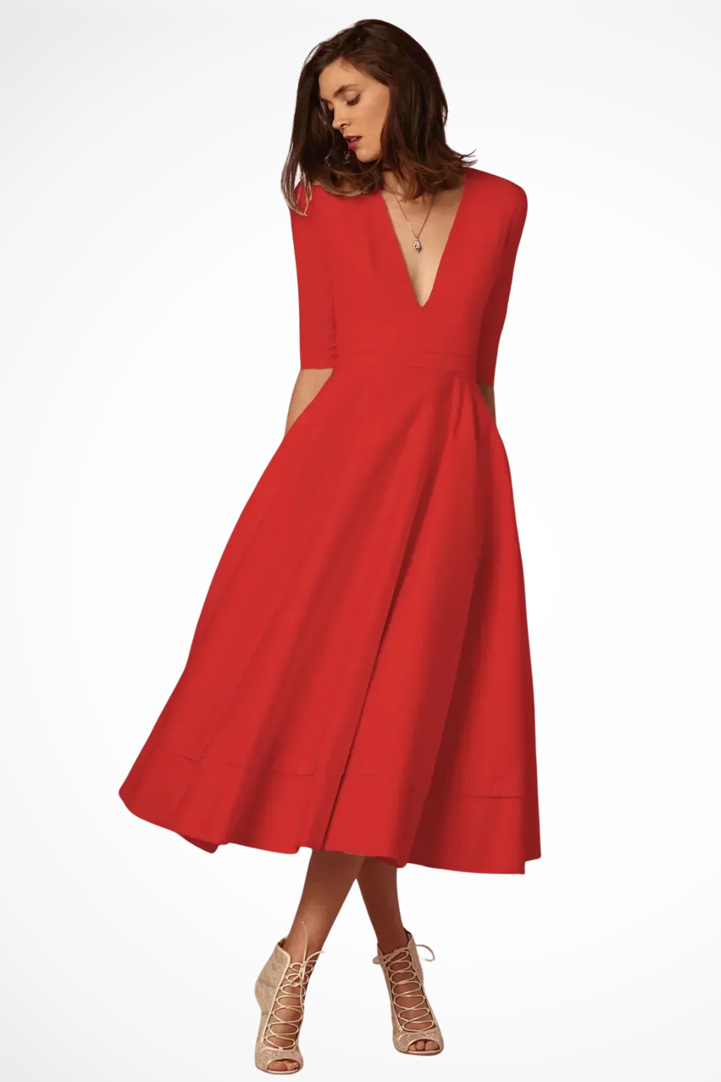 Women Deep V Neck Half Sleeve Fitted Flared Midi Dress