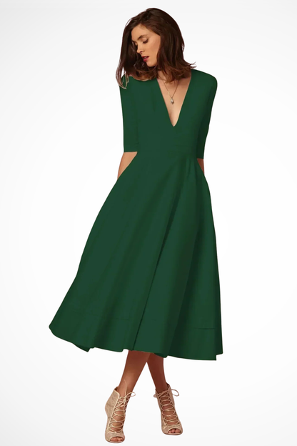 Women Deep V Neck Half Sleeve Fitted Flared Midi Dress