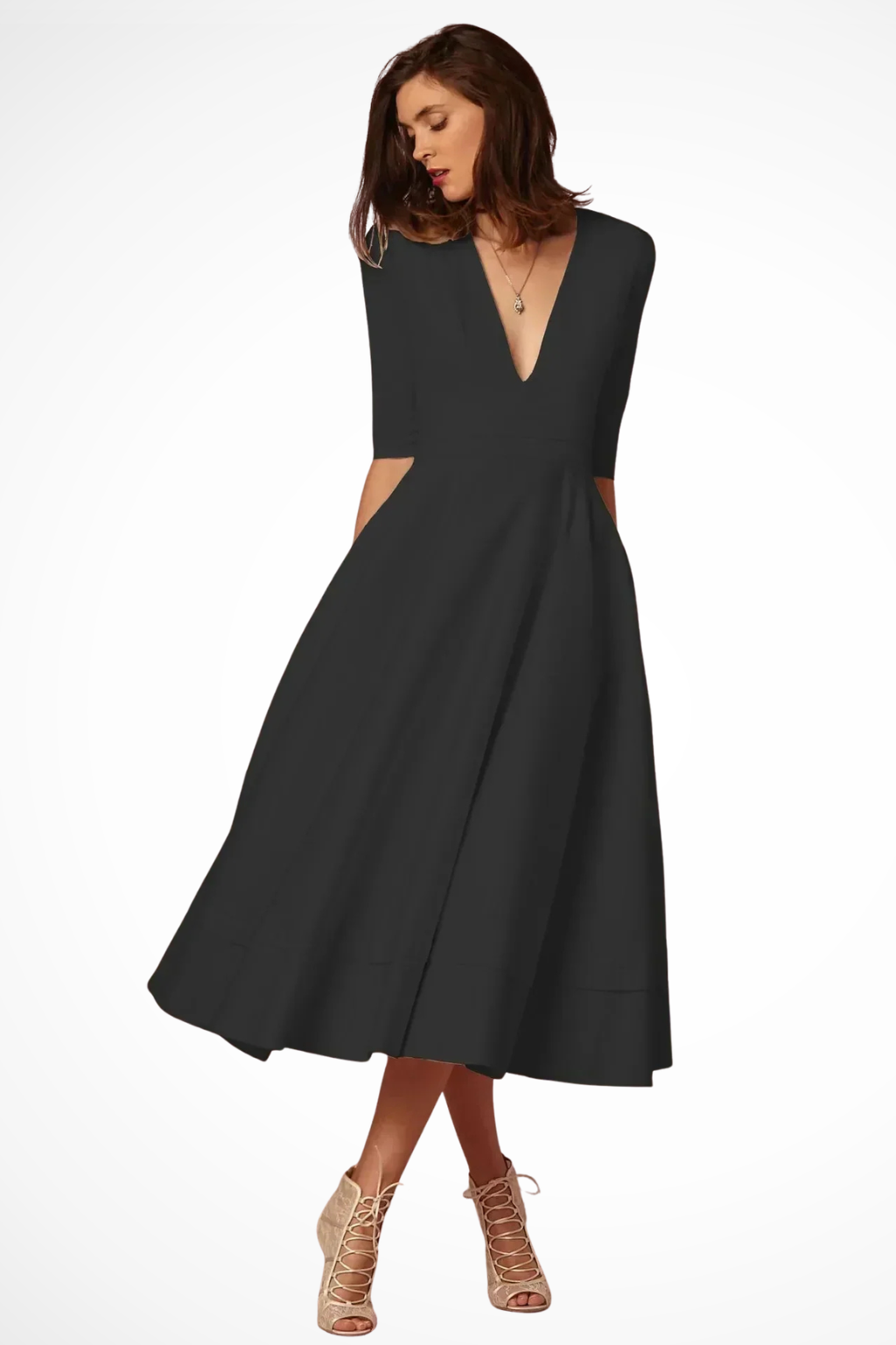 Women Deep V Neck Half Sleeve Fitted Flared Midi Dress