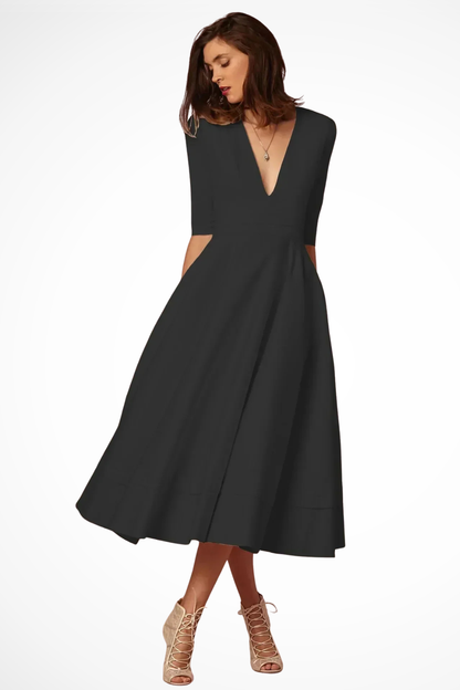 Women Deep V Neck Half Sleeve Fitted Flared Midi Dress