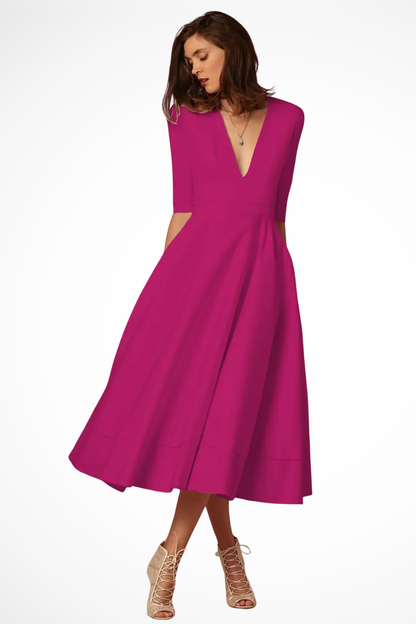 Women Deep V Neck Half Sleeve Fitted Flared Midi Dress