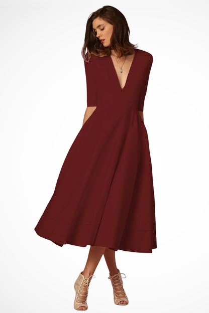 Women Deep V Neck Half Sleeve Fitted Flared Midi Dress