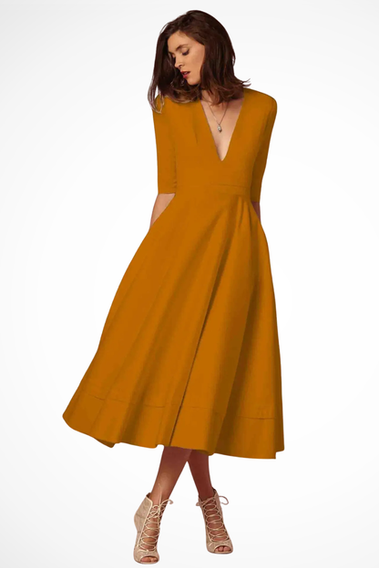 Women Deep V Neck Half Sleeve Fitted Flared Midi Dress