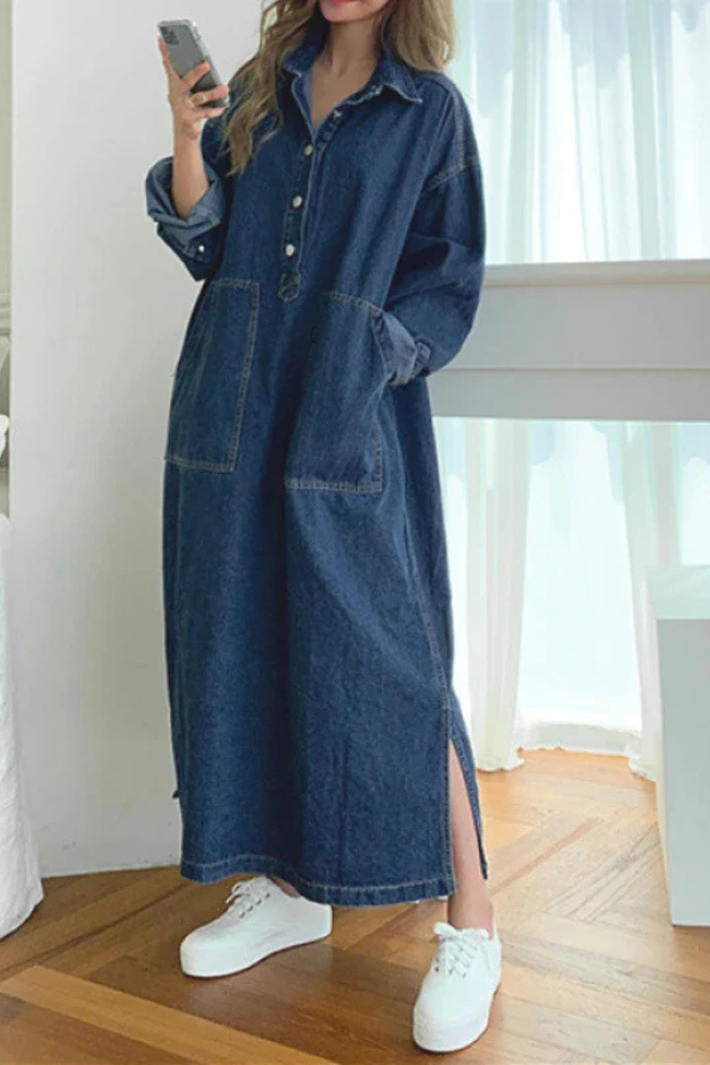 Women Oversized Long Sleeve Collared Denim Maxi Dress with Pockets