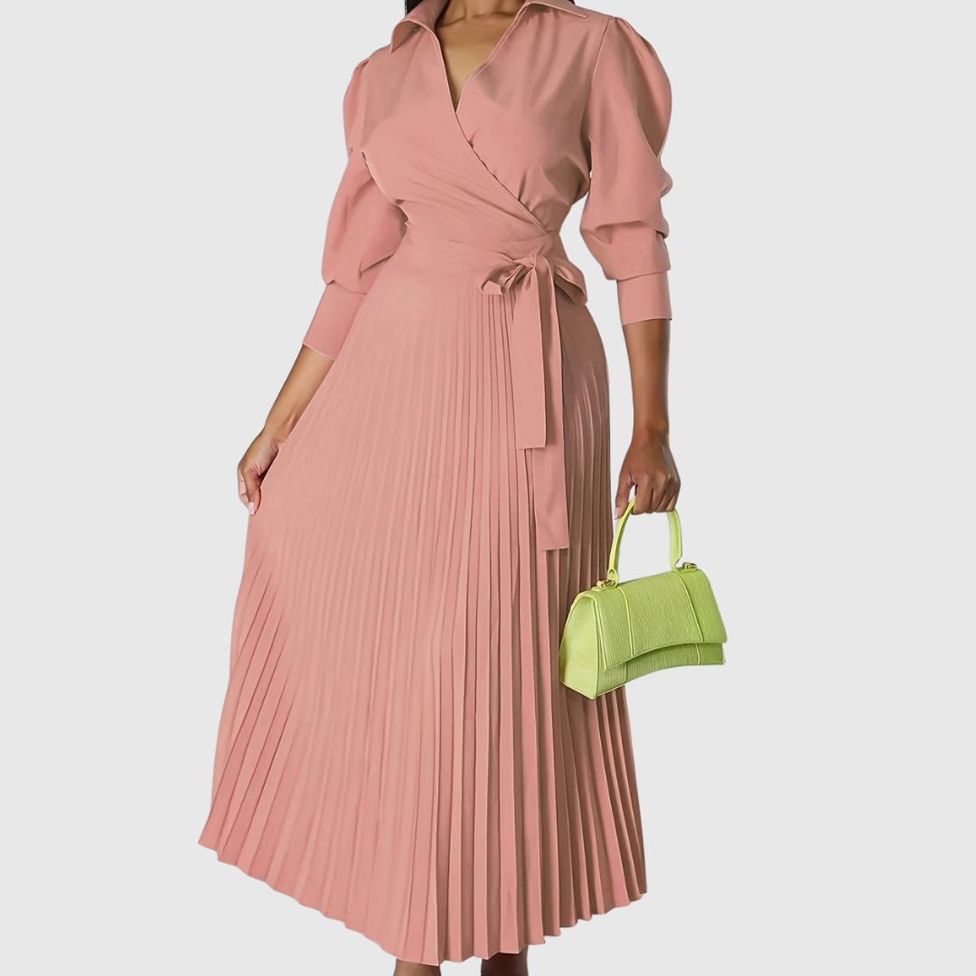 Women's Wrap Pleated Midi Dress – V-Neck, Tie Belt, Three-Quarter Sleeve