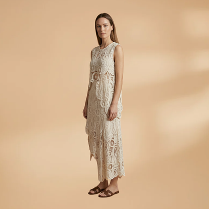 Women's Crochet Sleeveless Tank and Skirt Set with Side Slits and Boat Neck