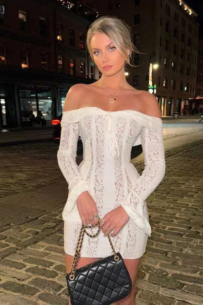 Women Off Shoulder Lace Long Sleeve Wedding Guest Mini Dress