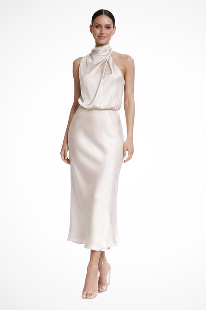 Women Halter Neck Midi Dress Satin Wedding Guest Dress