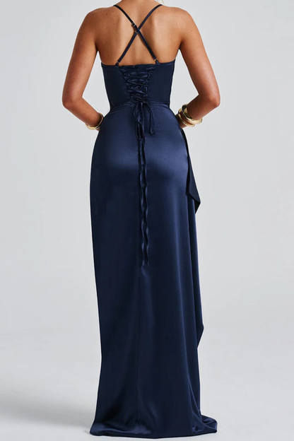 Women Spaghetti Strap Ruched Maxi High Slit Wedding Guest Dress