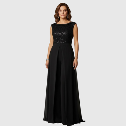 Women's Sleeveless Jumpsuit Dress – Wide Leg, Chiffon Overlay, Formal Style