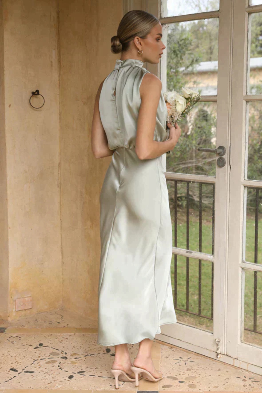 Women Halter Neck Midi Dress Satin Wedding Guest Dress