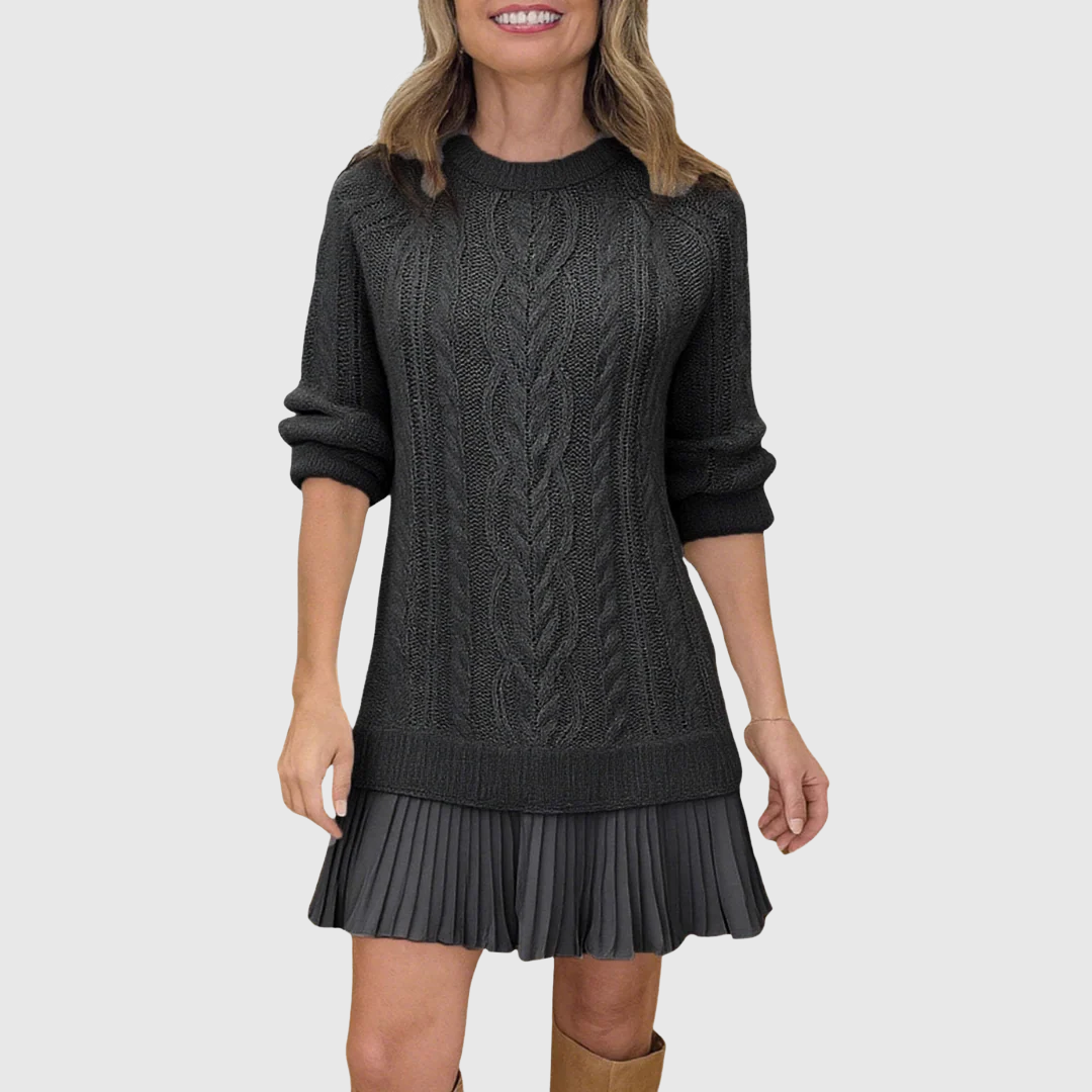 Women's Cable Knit Sweater Dress – Pleated Hem, Long Sleeve, Cosy Winter Style