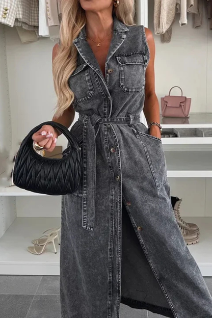Women Sleeveless Belted Button Down Denim Maxi Dress with Split