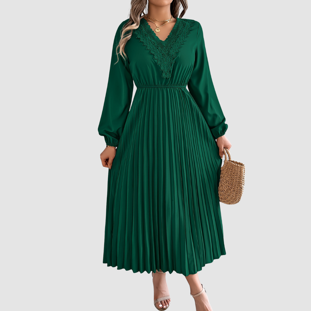 Women's Lace V-Neck A-Line Dress – Long Sleeve, Pleated, Autumn Winter Style
