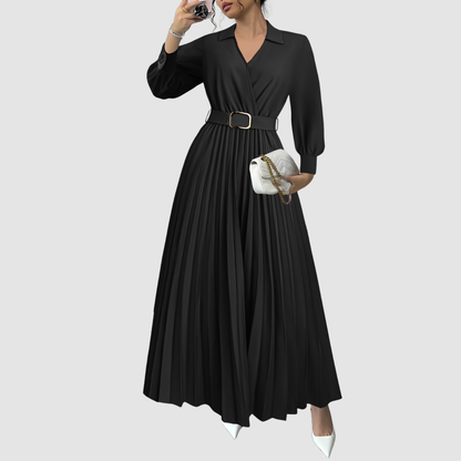 Women's V-Neck Pleated Maxi Dress – Belted Waist, Long Sleeve, Elegant Style