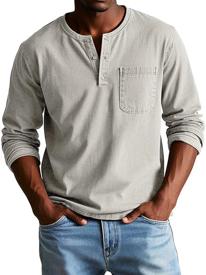Men's Long Sleeve Shirt - Henley Neck and Chest Pocket