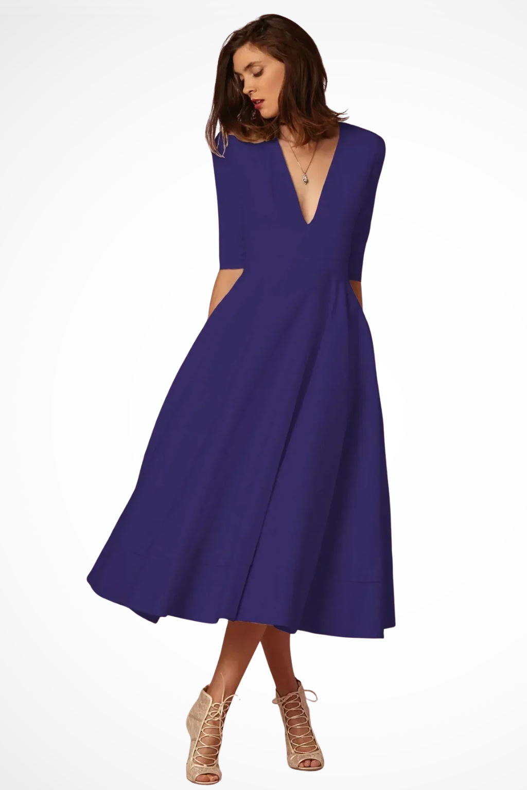 Women Deep V Neck Half Sleeve Fitted Flared Midi Dress