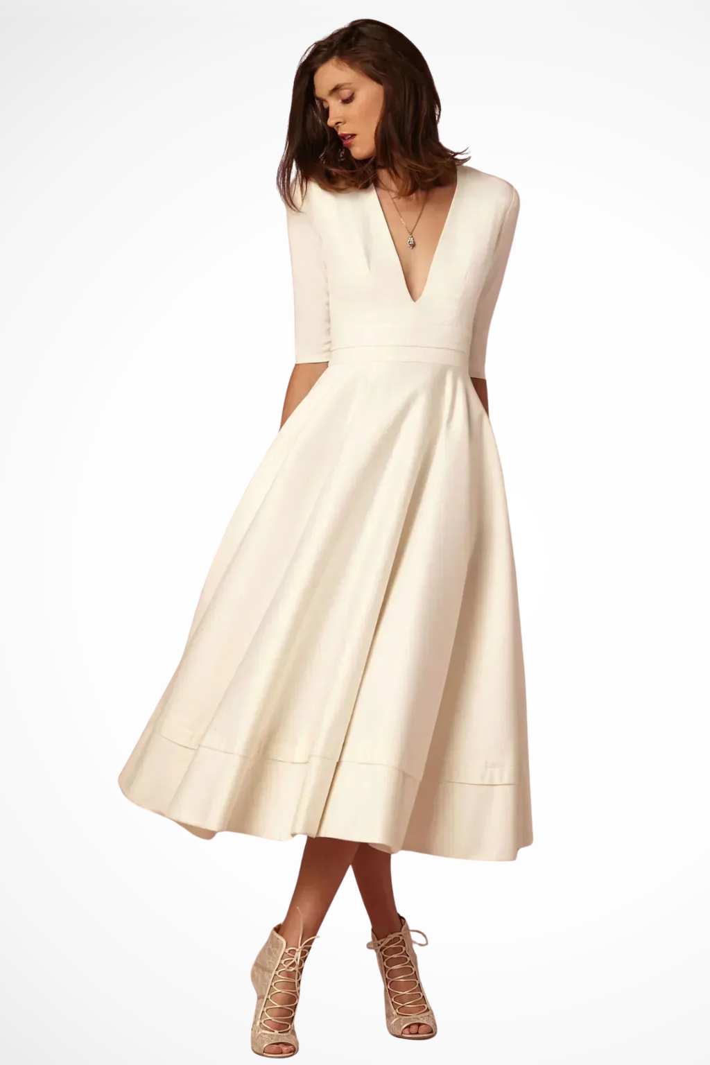 Women Deep V Neck Half Sleeve Fitted Flared Midi Dress