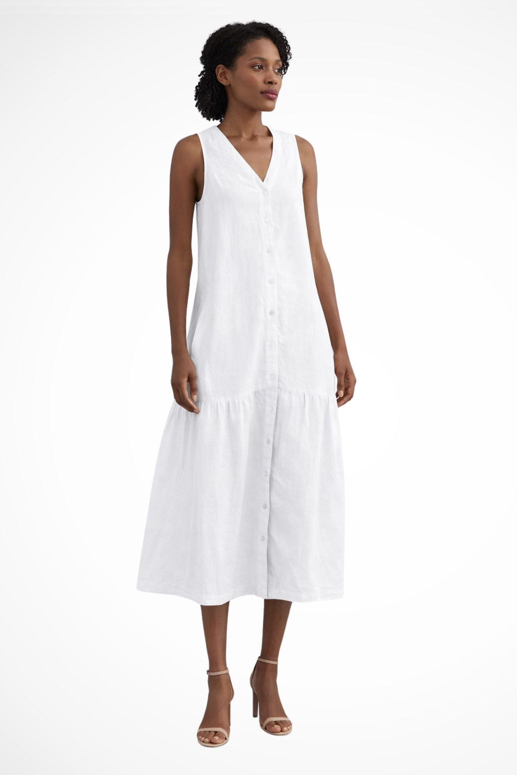 Women V Neck Sleeveless Button Front Linen Maxi Dress
