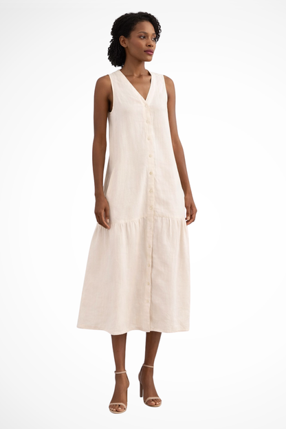 Women V Neck Sleeveless Button Front Linen Maxi Dress