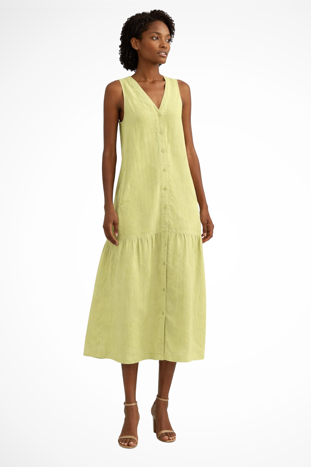 Women V Neck Sleeveless Button Front Linen Maxi Dress