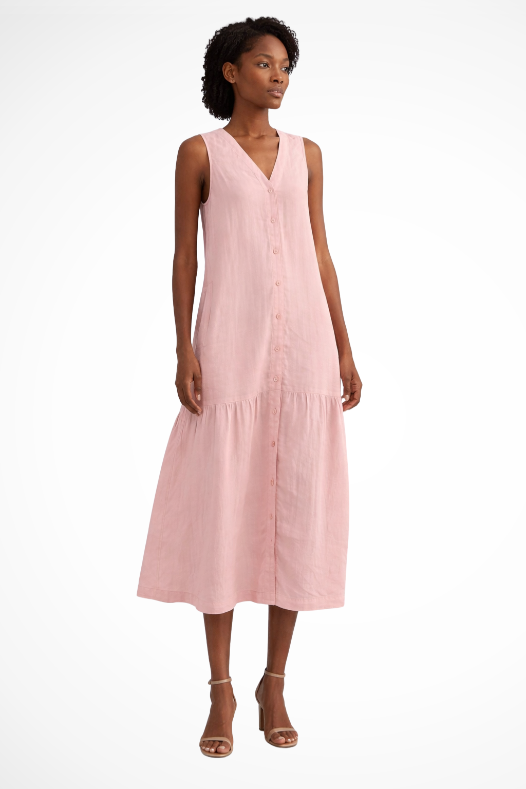 Women V Neck Sleeveless Button Front Linen Maxi Dress