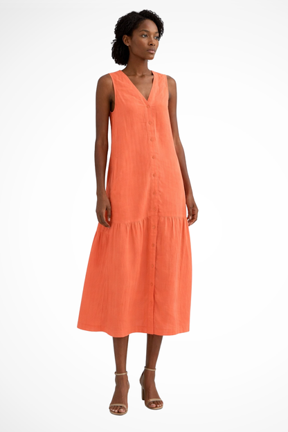 Women V Neck Sleeveless Button Front Linen Maxi Dress