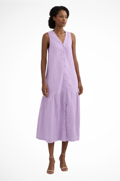 Women V Neck Sleeveless Button Front Linen Maxi Dress